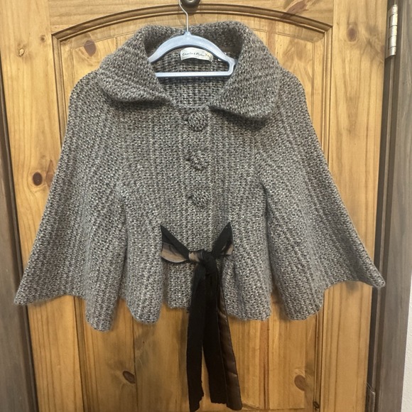 Charlie & Robin Knit Cape Jacket Coat Gray Wool Blend Ribbon Tie S Anthropologie - Picture 1 of 4